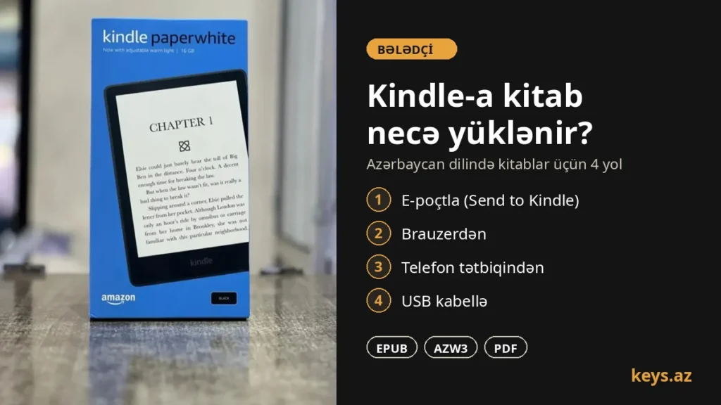 Kindle Paperwhite ekranında açıq kitab — Kindle-a Azərbaycan dilində kitab yükləməyin 4 yolu: e-poçt, brauzer, telefon, USB